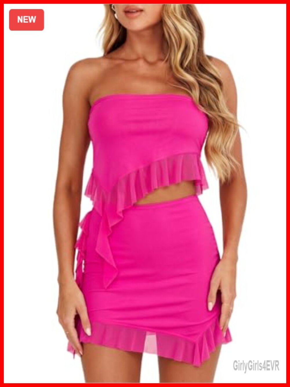 Women's Asymmetrical Ruffle Hem Strapless Tube Top and Mini Skirt 2 Piece Set